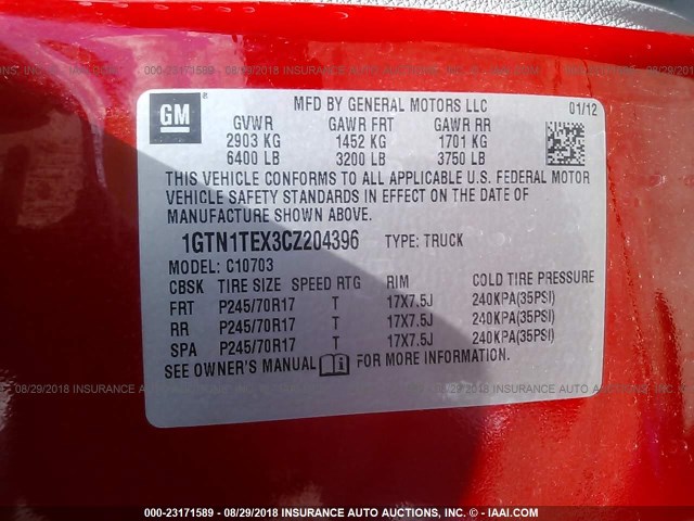 1GTN1TEX3CZ204396 - 2012 GMC SIERRA C1500 RED photo 9