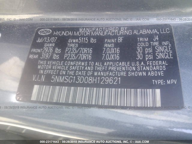 5NMSG13D08H129621 - 2008 HYUNDAI SANTA FE GLS GRAY photo 9