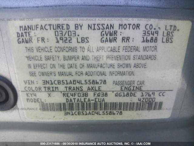 3N1CB51A04L558678 - 2004 NISSAN SENTRA 1.8S SILVER photo 9