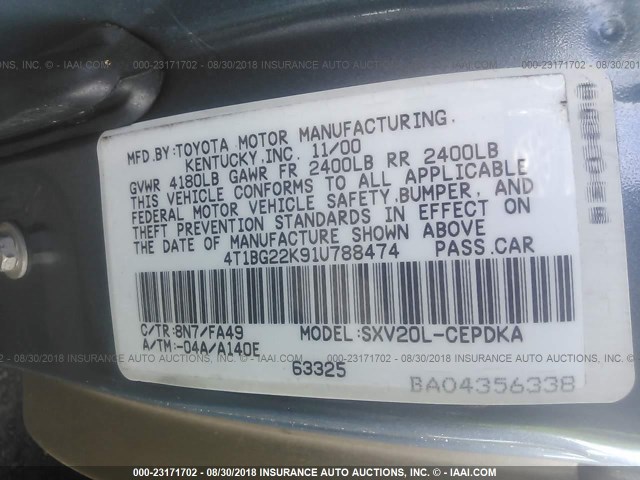 4T1BG22K91U788474 - 2001 TOYOTA CAMRY CE/LE/XLE 青色 照片 9