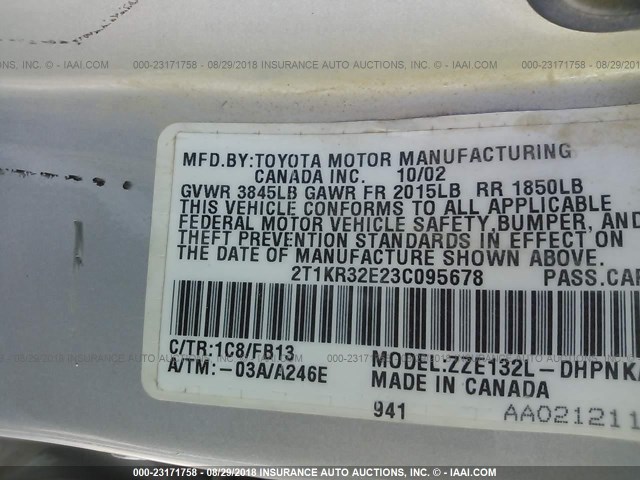 2T1KR32E23C095678 - 2003 TOYOTA COROLLA MATRIX XR SILVER photo 9