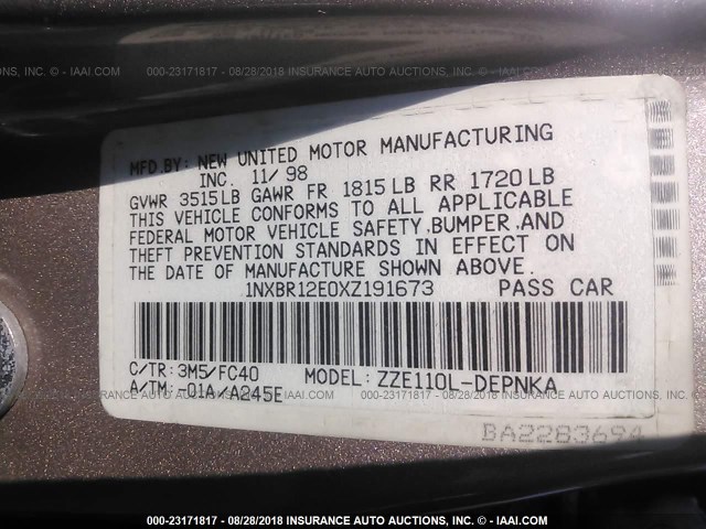 1NXBR12E0XZ191673 - 1999 TOYOTA COROLLA VE/CE/LE 米色 照片 9