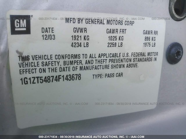 1G1ZT54874F143678 - 2004 CHEVROLET MALIBU LS Күміс фото 9