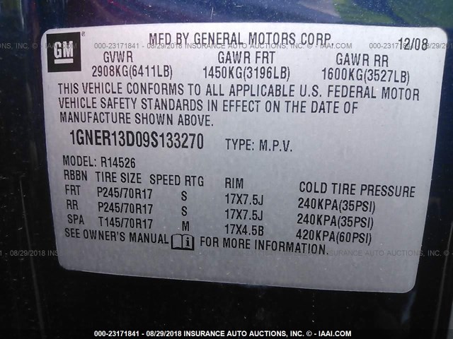 1GNER13D09S133270 - 2009 CHEVROLET TRAVERSE LS BLUE photo 9