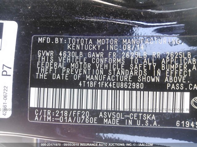 4T1BF1FK4EU862980 - 2014 TOYOTA CAMRY L/SE/LE/XLE Qara foto 9