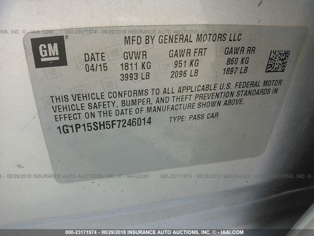 1G1P15SH5F7246014 - 2015 CHEVROLET CRUZE L SILVER photo 9