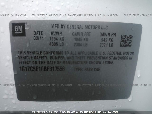 1G1ZC5E10BF317556 - 2011 CHEVROLET MALIBU 1LT თეთრი ფოტო 9