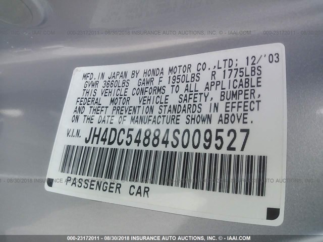 JH4DC54884S009527 - 2004 ACURA RSX SILVER photo 9
