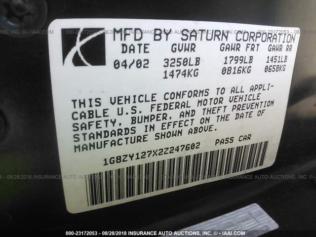 1G8ZY127X2Z247602 - 2002 SATURN SC2 BURGUNDY photo 9