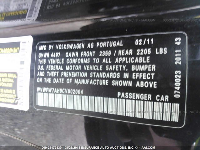 WVWFW7AH9CV002004 - 2012 VOLKSWAGEN EOS LUX/EXECUTIVE أسود صورة 9