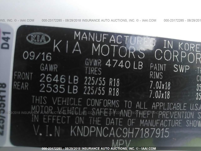 KNDPNCAC9H7187915 - 2017 KIA SPORTAGE EX WHITE photo 9