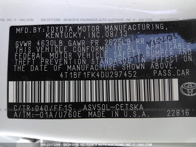 4T1BF1FK4DU297452 - 2013 TOYOTA CAMRY L/SE/LE/XLE თეთრი ფოტო 9