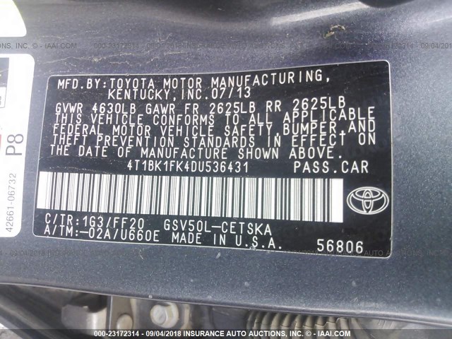 4T1BK1FK4DU536431 - 2013 TOYOTA CAMRY SE/XLE GRAY photo 9