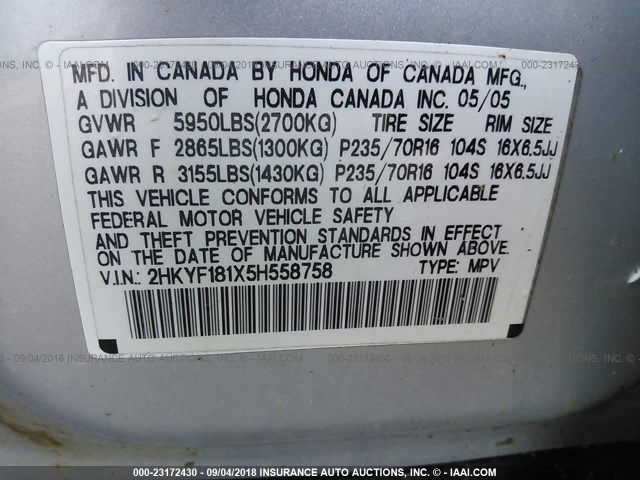 2HKYF181X5H558758 - 2005 HONDA PILOT LX SILVER photo 9