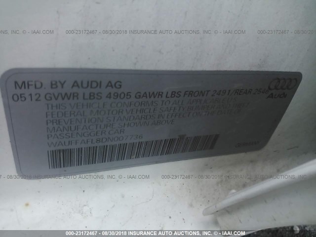 WAUFFAFL8DN007736 - 2013 AUDI A4 PREMIUM PLUS WHITE photo 9