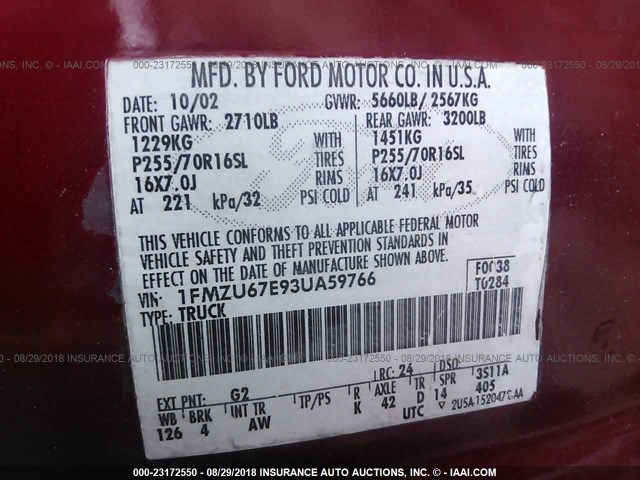 1FMZU67E93UA59766 - 2003 FORD EXPLORER SPORT TR  RED photo 9