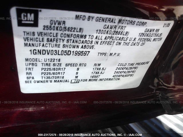 1GNDV03L05D199597 - 2005 CHEVROLET UPLANDER BURGUNDY photo 9