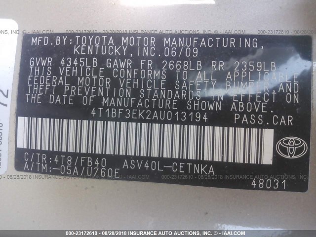 4T1BF3EK2AU013194 - 2010 TOYOTA CAMRY SE/LE/XLE ბეჟი ფოტო 9