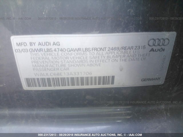 WAULC68E13A331706 - 2003 AUDI A4 1.8T QUATTRO GRAY photo 9