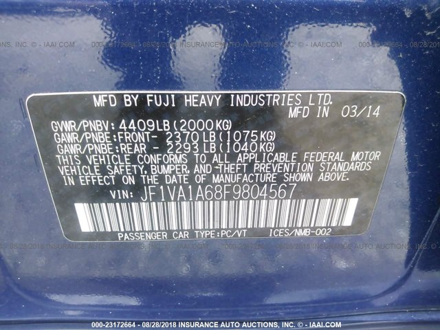 JF1VA1A68F9804567 - 2015 SUBARU WRX BLUE photo 9