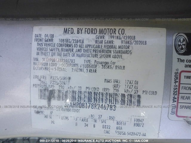 3FAHP08178R246783 - 2008 FORD FUSION SEL SILVER photo 9