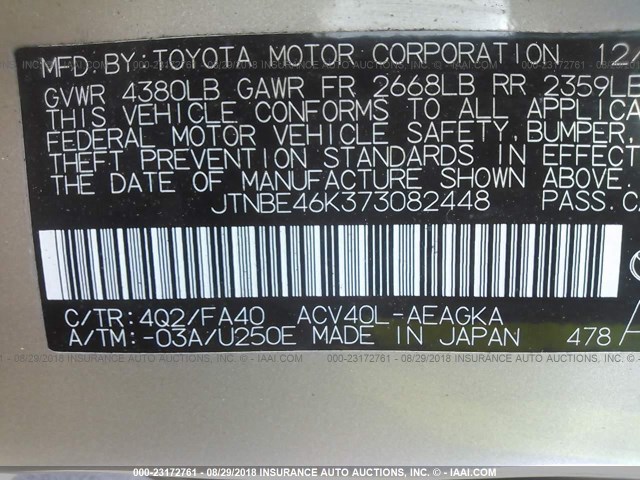 JTNBE46K373082448 - 2007 TOYOTA CAMRY NEW GENERAT CE/LE/XLE/SE GOLD photo 9