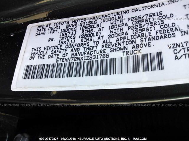 5TEHN72NX1Z831786 - 2001 TOYOTA TACOMA DOUBLE CAB მწვანე ფოტო 9