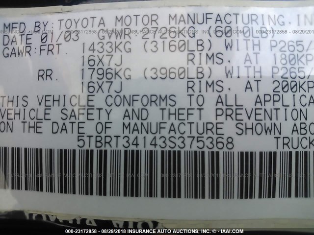 5TBRT34143S375368 - 2003 TOYOTA TUNDRA ACCESS CAB SR5 BLUE photo 9