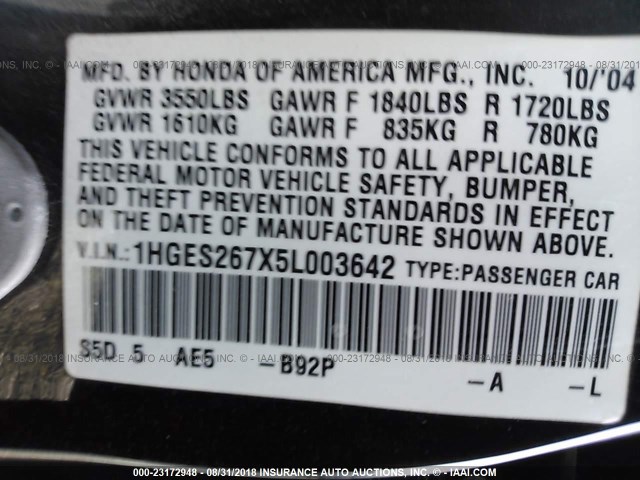 1HGES267X5L003642 - 2005 HONDA CIVIC EX 黑色 照片 9