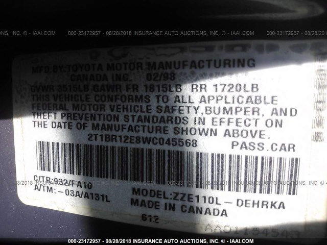 2T1BR12E8WC045568 - 1998 TOYOTA COROLLA VE/CE/LE 灰色 照片 9