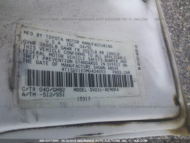 4T1SV21E0MU404653 - 1991 TOYOTA CAMRY DLX WHITE photo 9