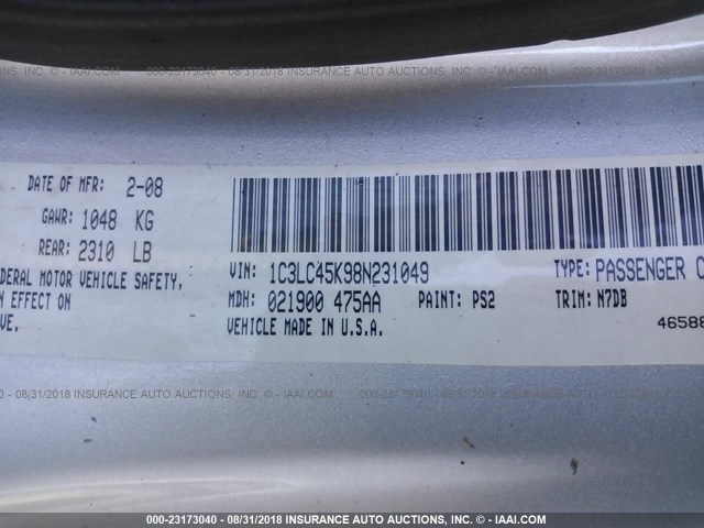 1C3LC45K98N231049 - 2008 CHRYSLER SEBRING SILVER photo 9