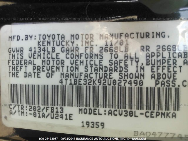 4T1BE32K92U027490 - 2002 TOYOTA CAMRY LE/XLE/SE Qara foto 9