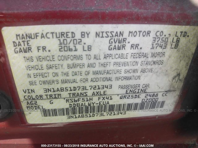 3N1AB51D73L721343 - 2003 NISSAN SENTRA SE-R SPEC V RED photo 9