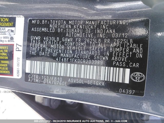 4T4BF1FK0CR203989 - 2012 TOYOTA CAMRY SE/LE/XLE 灰色 照片 9