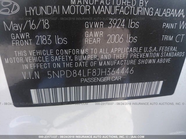 5NPD84LF8JH364446 - 2018 HYUNDAI ELANTRA SEL/VALUE/LIMITED WHITE photo 9