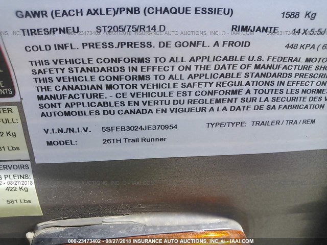 5SFEB3024JE370954 - 2018 HEARTLAND TRAILRUNNER  Қоңыр фото 9