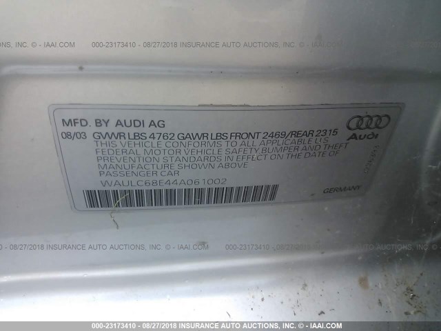 WAULC68E44A061002 - 2004 AUDI A4 1.8T QUATTRO SILVER photo 9