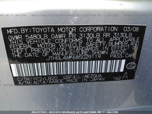 JTHGL46F685029119 - 2008 LEXUS LS 460L SILVER photo 9