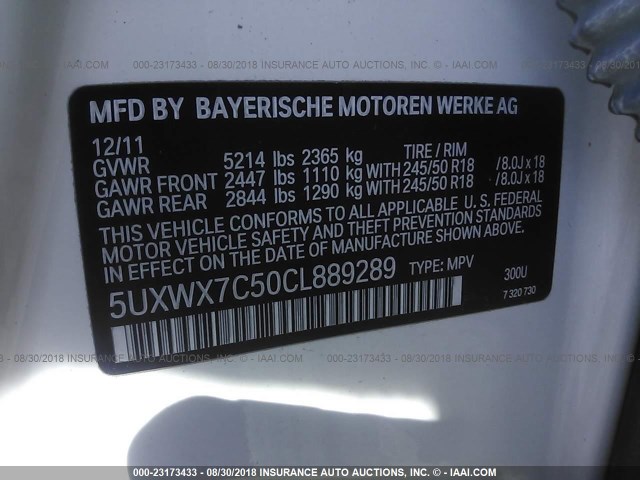 5UXWX7C50CL889289 - 2012 BMW X3 XDRIVE35I WHITE photo 9