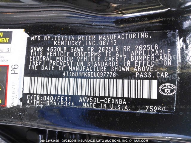 4T1BD1FK6EU097776 - 2014 TOYOTA CAMRY HYBRID/LE/XLE 黑色 照片 9