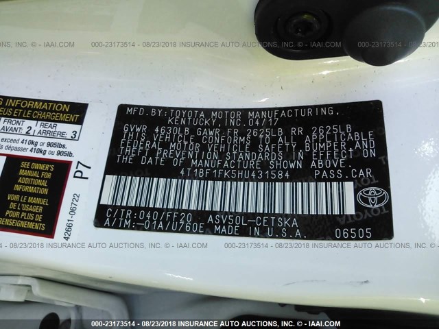 4T1BF1FK5HU431584 - 2017 TOYOTA CAMRY LE/XLE/SE/XSE WHITE photo 9