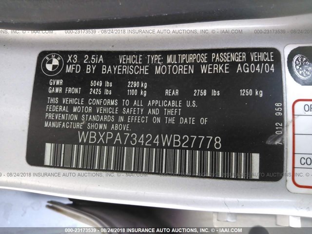 WBXPA73424WB27778 - 2004 BMW X3 2.5I GRAY photo 9