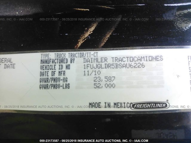 1FUJGLDR5BSAU6226 - 2011 FREIGHTLINER CASCADIA 125  BLACK photo 10