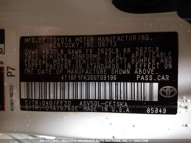 4T1BF1FK3DU709196 - 2013 TOYOTA CAMRY L/SE/LE/XLE 白色 照片 9