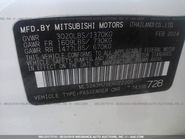 ML32A3HJ1EH022203 - 2014 MITSUBISHI MIRAGE DE WHITE photo 9