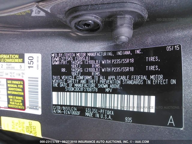 5TDDK3DCXFS108178 - 2015 TOYOTA SIENNA XLE/LIMITED TAN photo 9