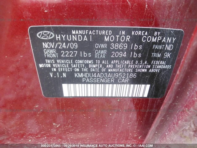 KMHDU4AD3AU952186 - 2010 HYUNDAI ELANTRA BLUE/GLS/SE RED photo 9