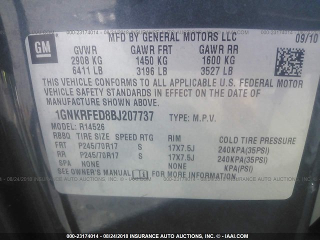 1GNKRFED8BJ207737 - 2011 CHEVROLET TRAVERSE LS GRAY photo 9