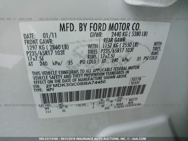 2FMDK3GC0BBA74450 - 2011 FORD EDGE SE WHITE photo 9